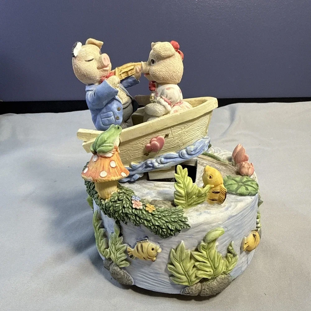 Vintage GLAMA Music Box Romantic Pigs in Rowboat Plays It's A Small World